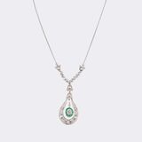 Art-Deco Diamond Emerald Pendant on Chain - image 2