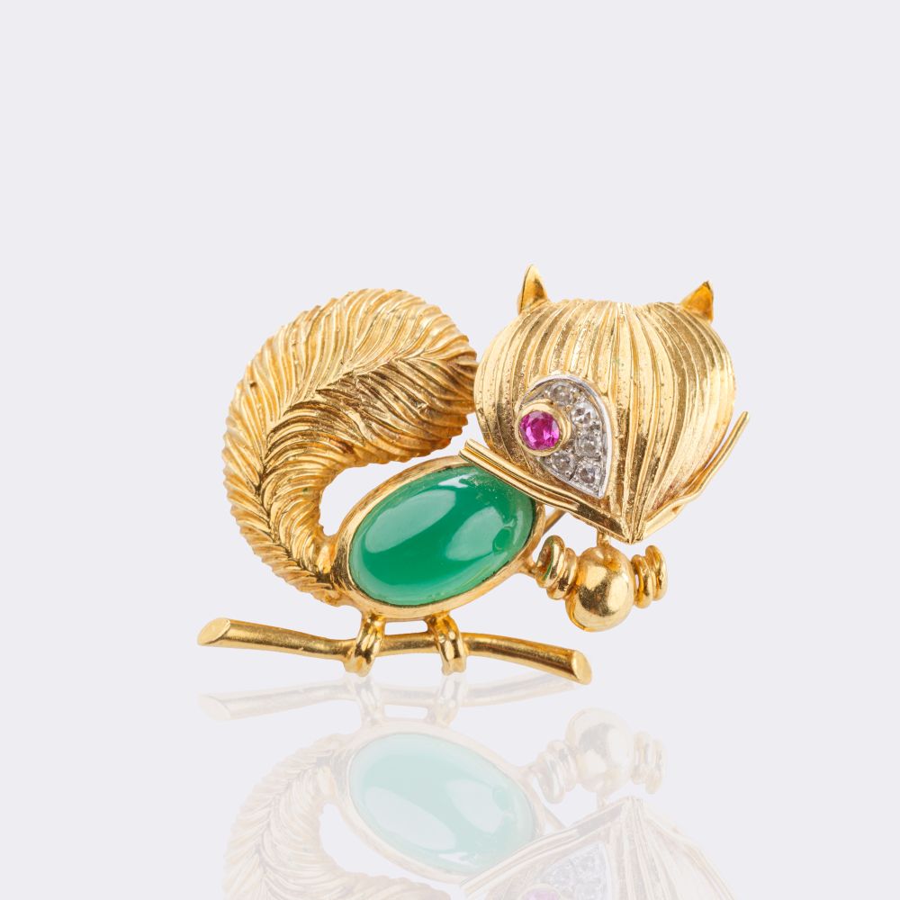 La Boutique Clipbrosche 'Eichhörnchen' mit Chrysopras, Diamanten und Rubin