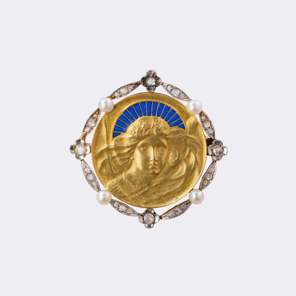 Art Nouveau Diamant Perl Brosche mit plique a jour Emaille