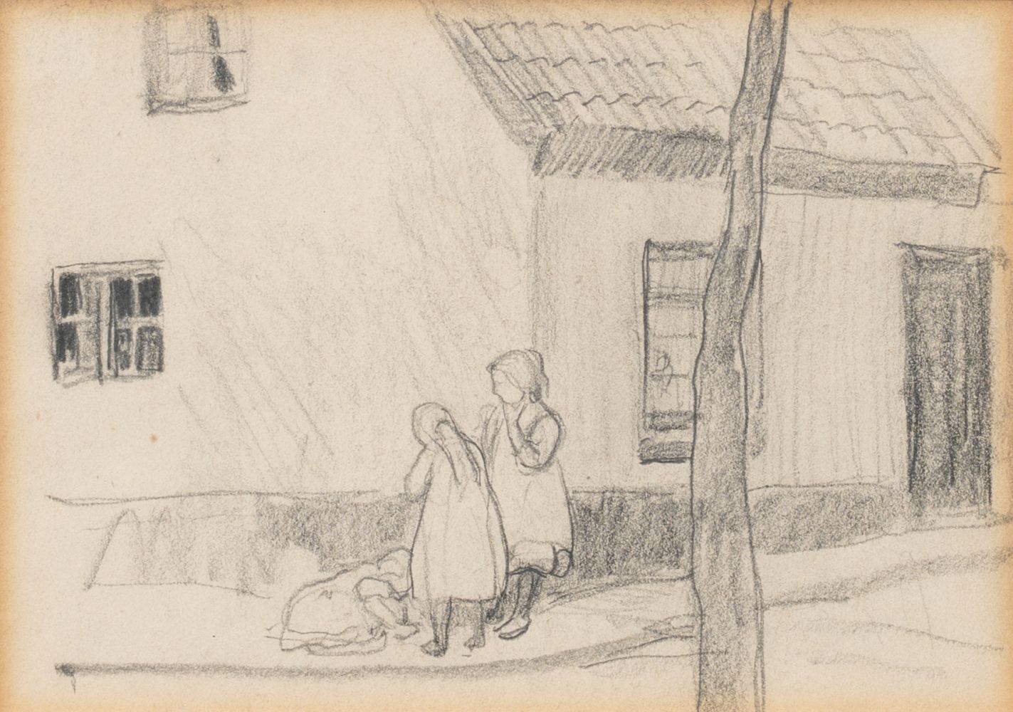 Spielende Kinder an einer Hausecke