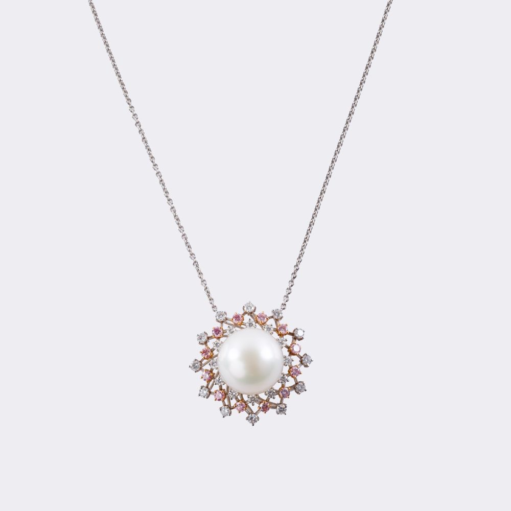 High Jewelry South Sea Pearl Diamond Pendant with Pink Diamonds on Chain - image 2