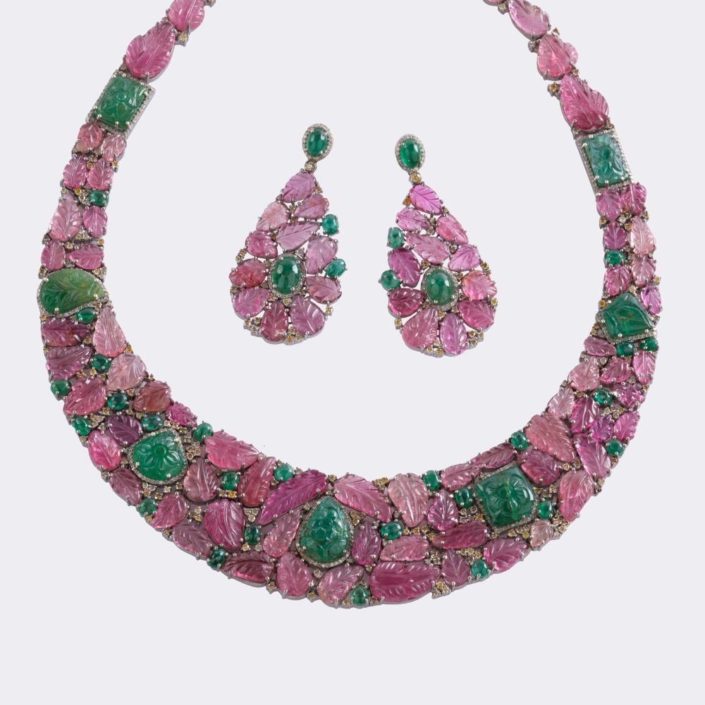 Pink Turmalin Smaragd Collier mit passendem Paar Ohrhänger