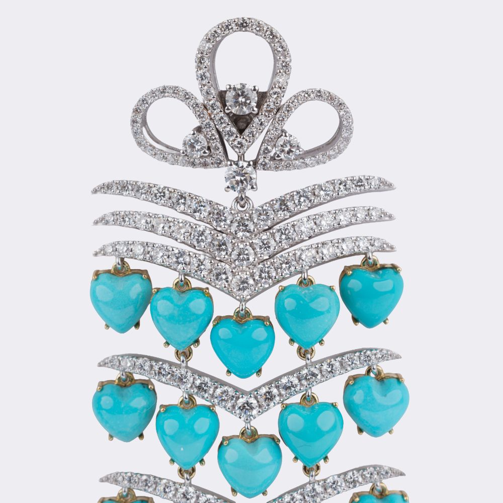 Paar prachtvoller Brillant Chandeliers mit Türkis-Herzen - Bild 2