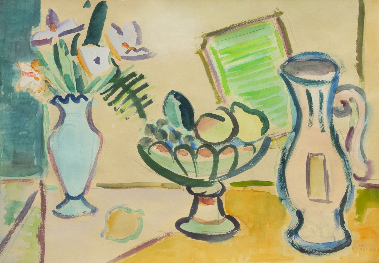 Stillleben mit Blumen, Früchten und Krug