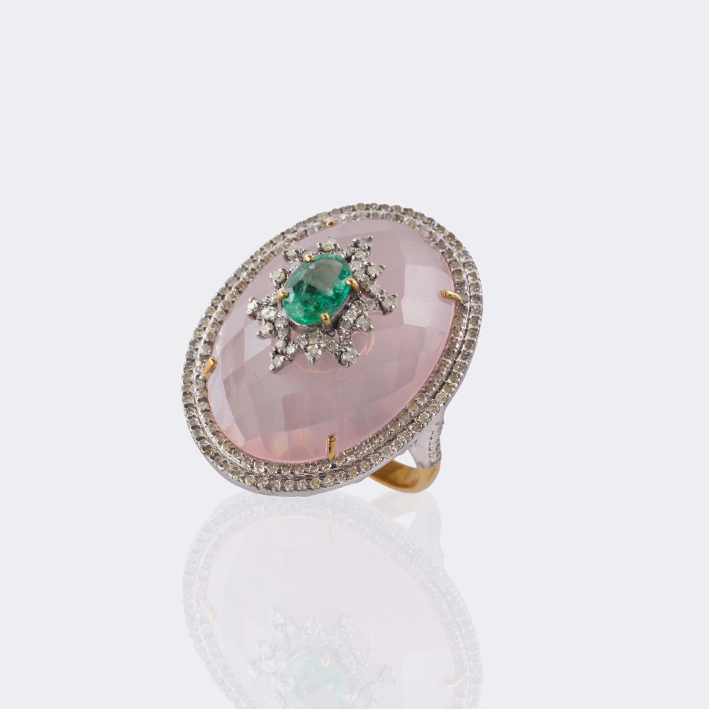 Rosenquarz Cocktailring mit Smaragd- und Diamant-Besatz - Bild 3