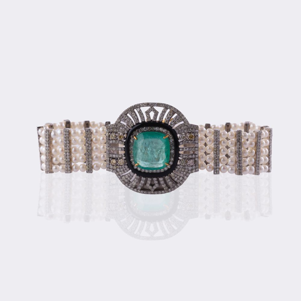 Perlen Diamant Armband mit großem Smaragd