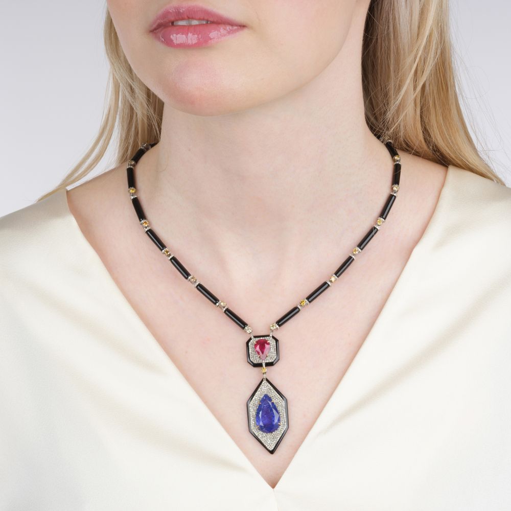 Onyx Collier mit mehrfarbigen Brillanten,  Tansanit und Pink Turmalin - Bild 3