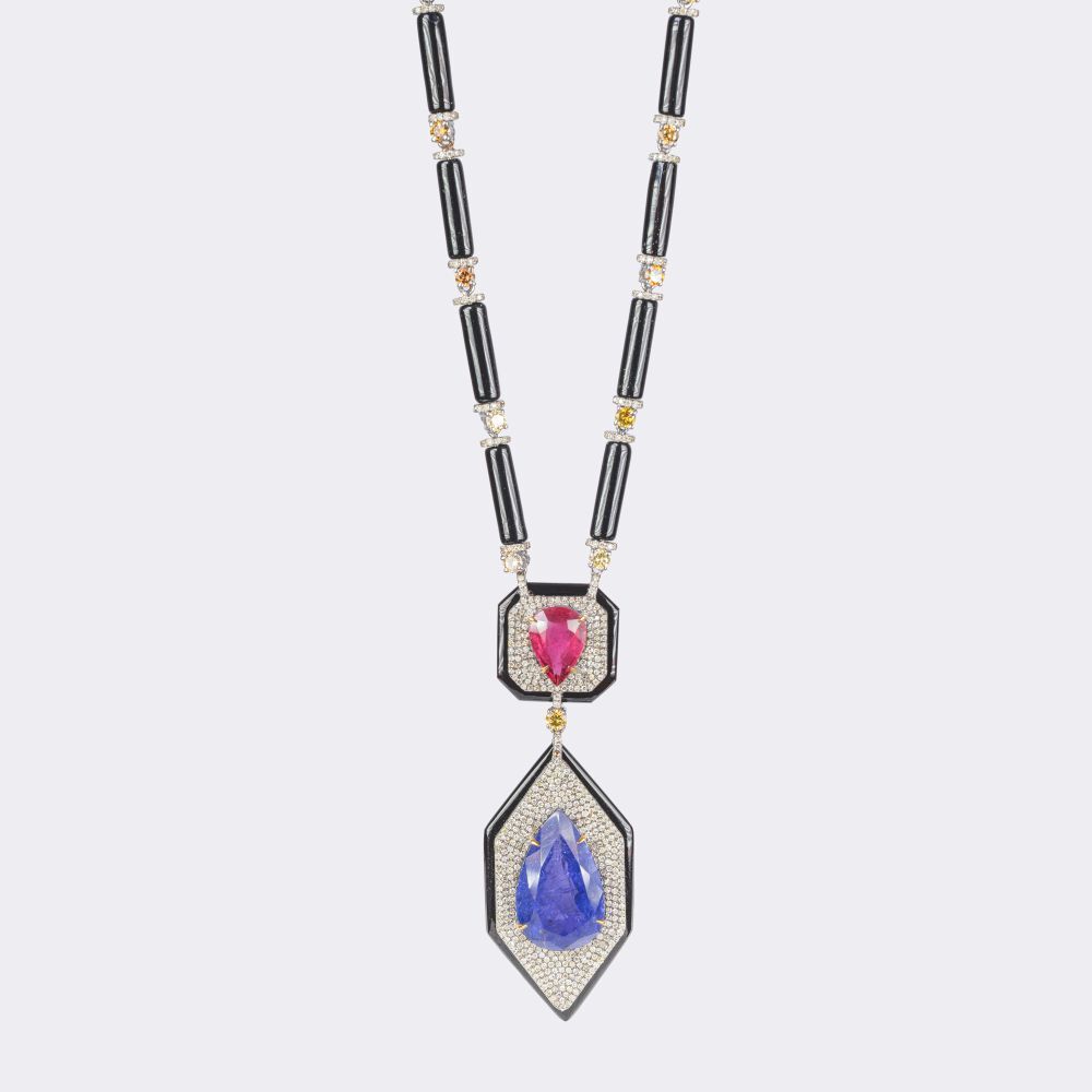 Onyx Collier mit mehrfarbigen Brillanten,  Tansanit und Pink Turmalin - Bild 4