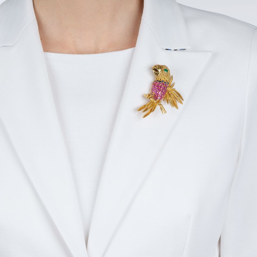 Vintage Rubin Smaragd Brosche 'Perroquet' - Bild 2