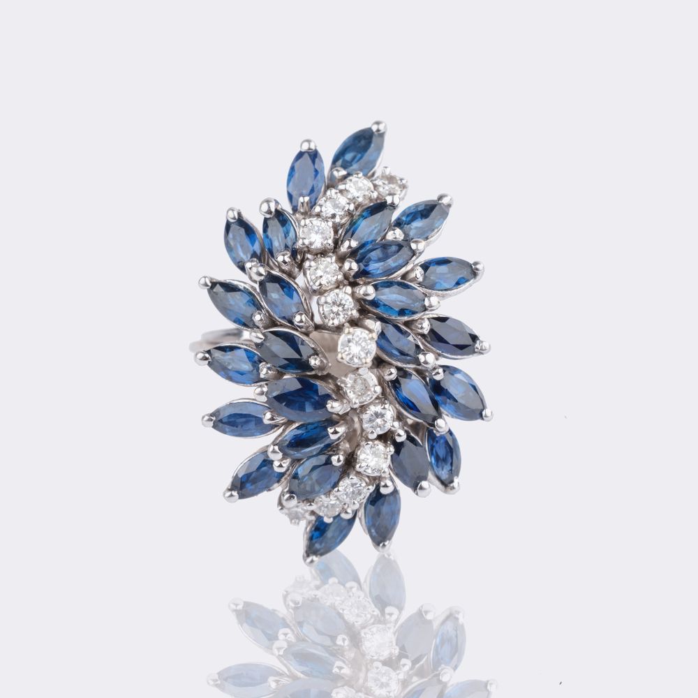 Vintage Saphir Cocktailring mit Brillant-Besatz