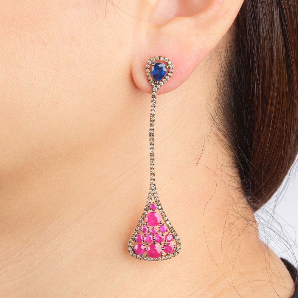 Rubin Saphir Ohrhänger mit Brillant-Besatz - Bild 2
