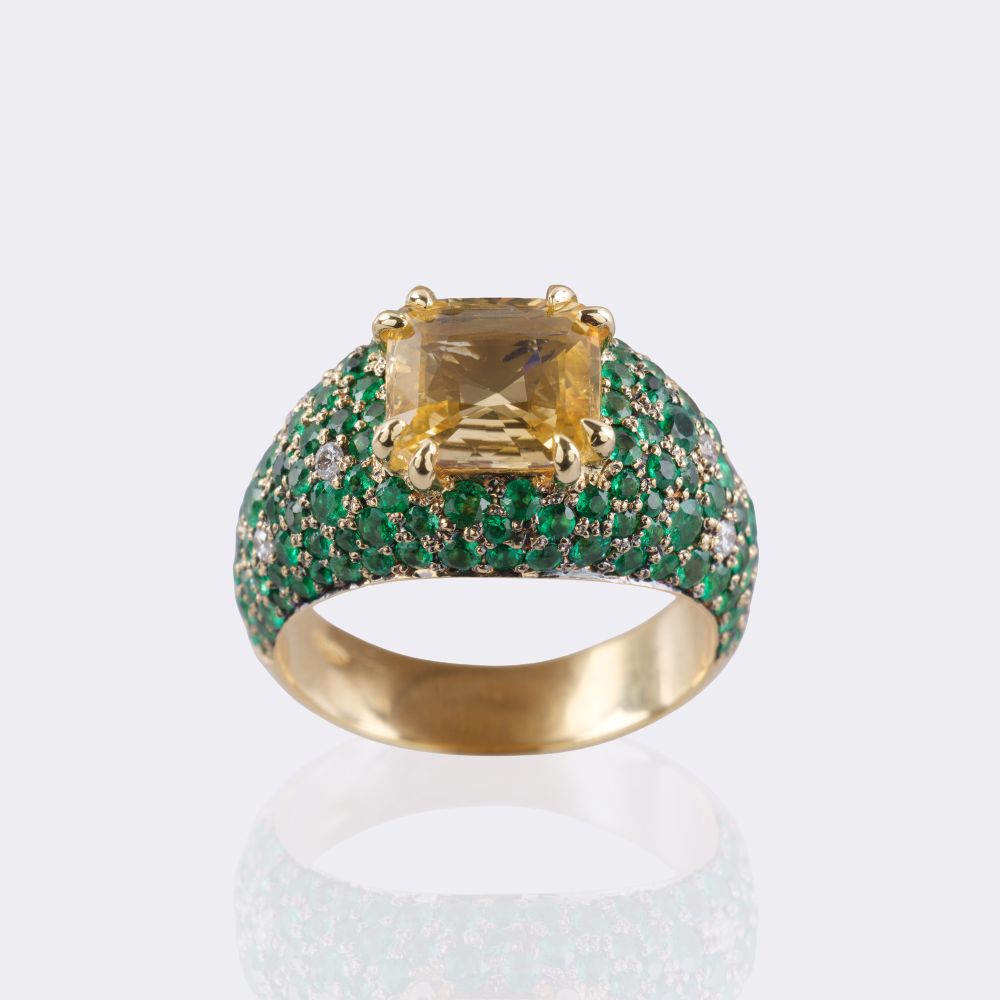 Natürlicher Gelber Saphir Ring mit Brillanten und Tsavolithen - Bild 3