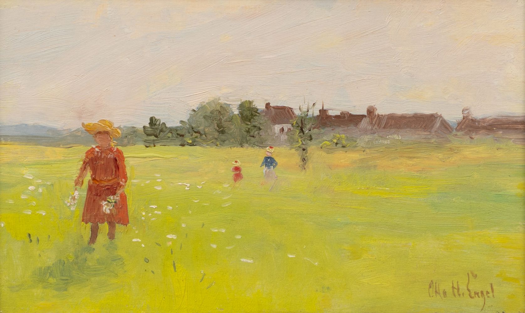 Kinder auf der grünen Wiese vor Beuerngehöft