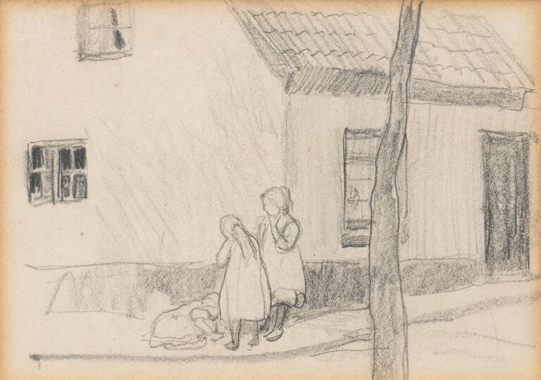 Spielende Kinder an einer Hausecke