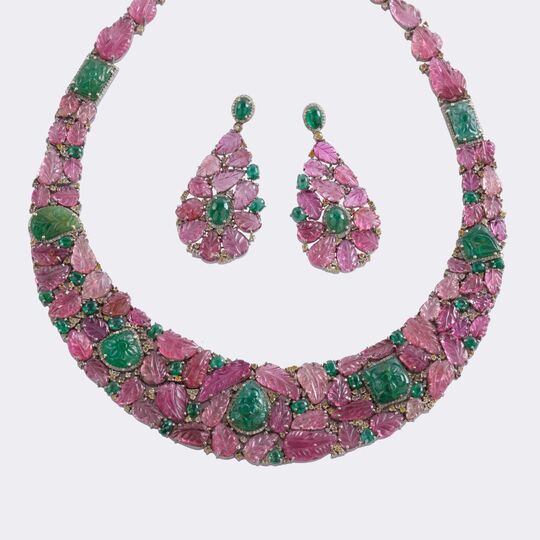 Pink Turmalin Smaragd Collier mit passendem Paar Ohrhänger