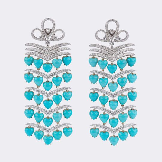 Paar prachtvoller Brillant Chandeliers mit Türkis-Herzen