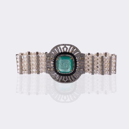 Perlen Diamant Armband mit großem Smaragd