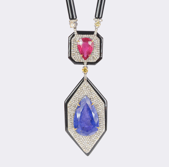 Onyx Collier mit mehrfarbigen Brillanten,  Tansanit und Pink Turmalin