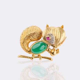 La Boutique Clipbrosche 'Eichhörnchen' mit Chrysopras, Diamanten und Rubin