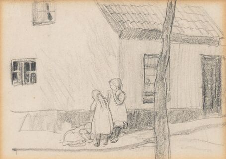 Spielende Kinder an einer Hausecke