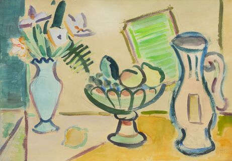 Stillleben mit Blumen, Früchten und Krug