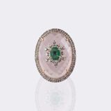 Rosenquarz Cocktailring mit Smaragd- und Diamant-Besatz - Bild 1