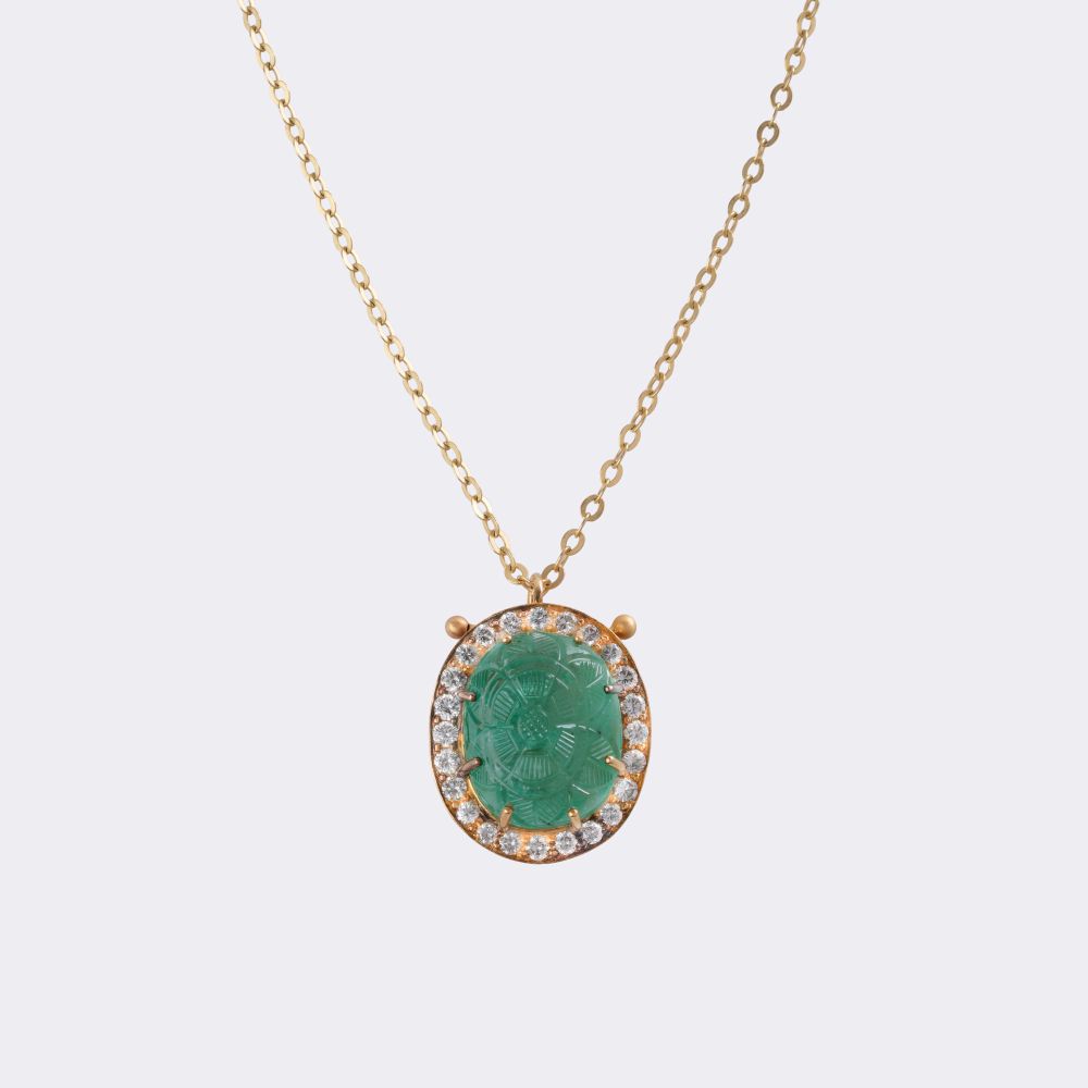 Emerald brilliant pendant with flower decoration on chain - image 3