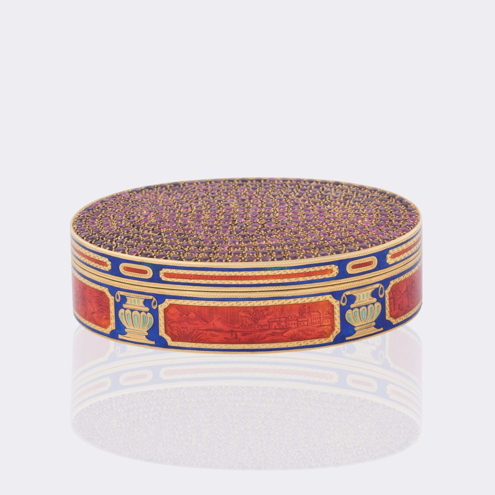 Gold Tabatière mit Emaille-Dekor und  reichem Rubin-Besatz