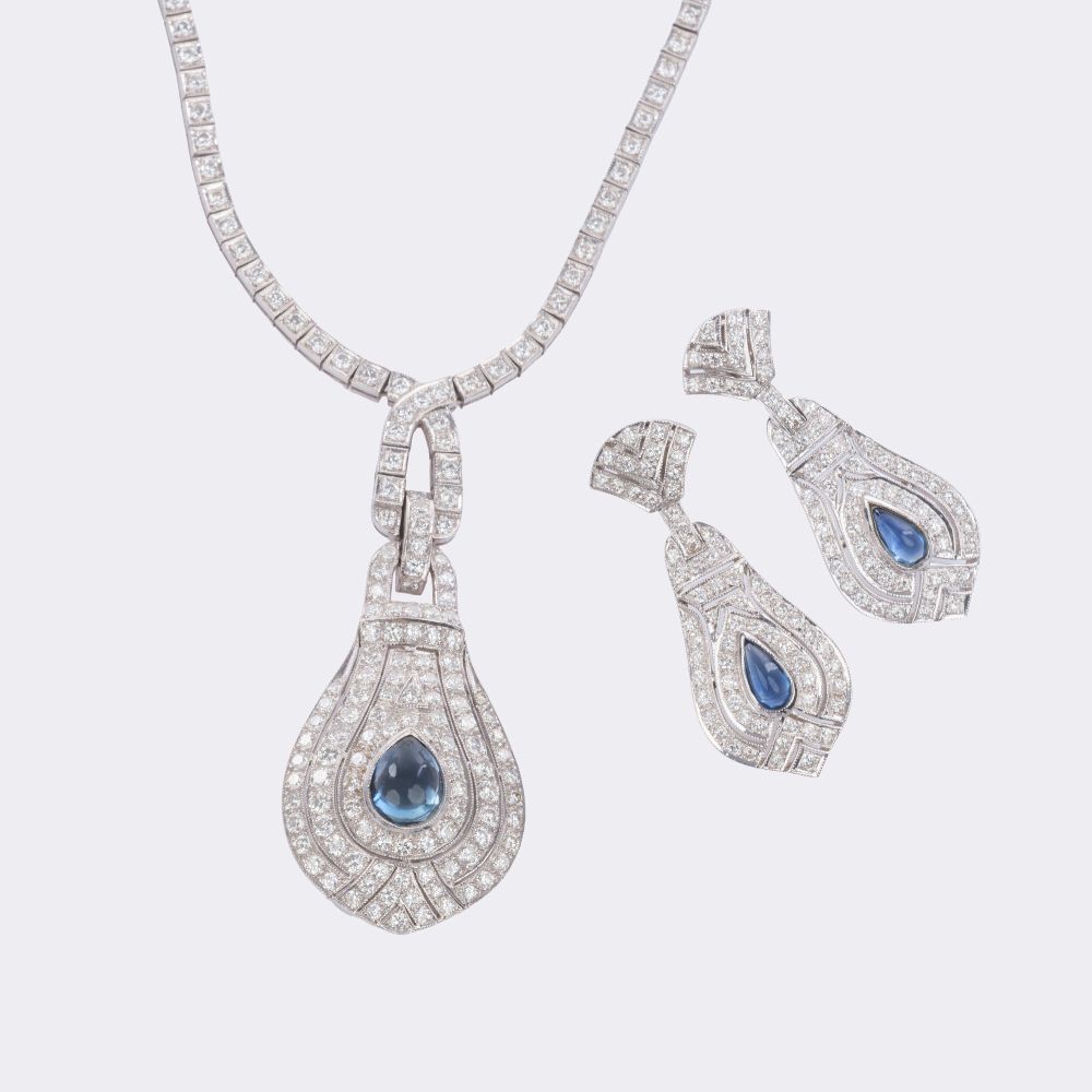 Elegantes Brillant Saphir Schmuck-Set: Rivière Collier und Paar Ohrhänger - Bild 2