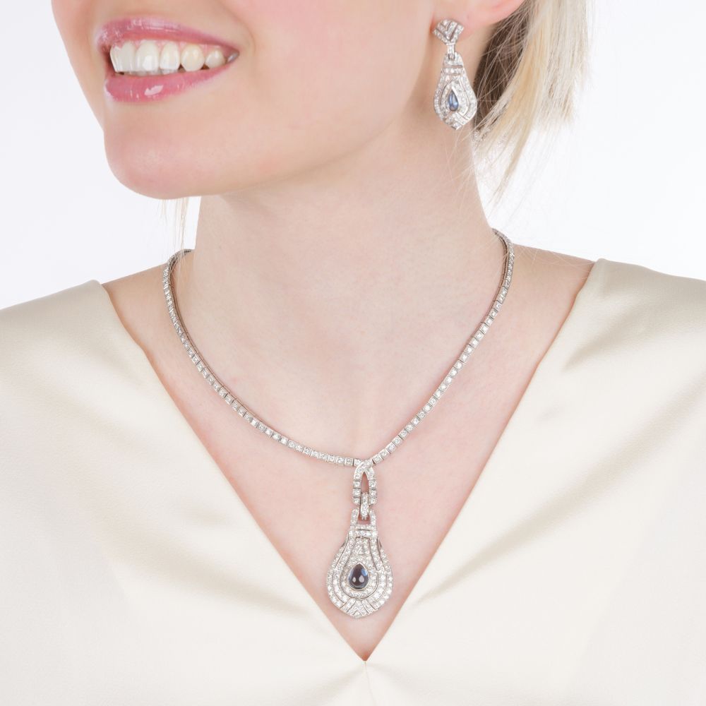 Elegantes Brillant Saphir Schmuck-Set: Rivière Collier und Paar Ohrhänger - Bild 5