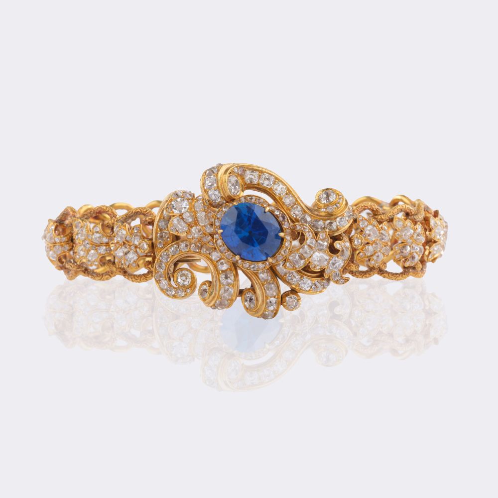 Antikes St. Petersburger Diamant Armband mit natürlichem Ceylon Saphir 'Kornblumenblau'