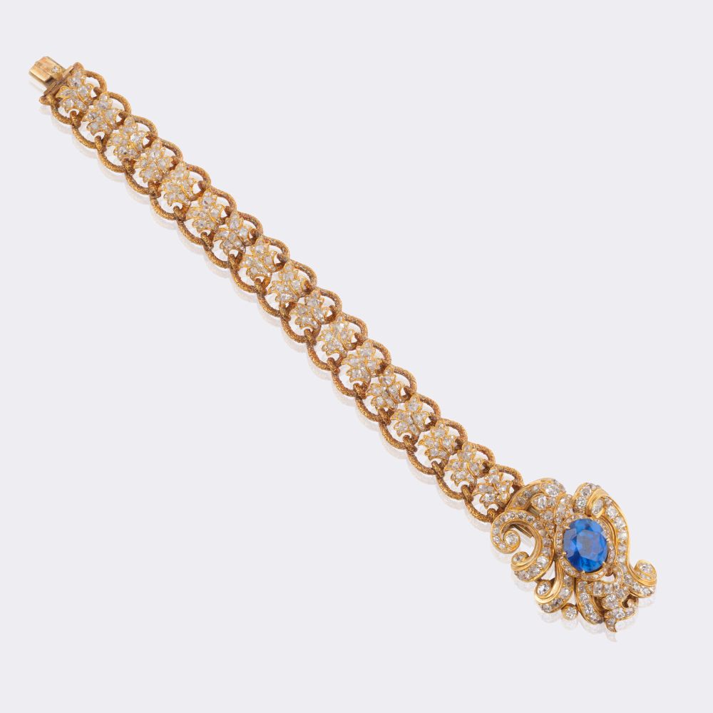 Antikes St. Petersburger Diamant Armband mit natürlichem Ceylon Saphir 'Kornblumenblau' - Bild 2