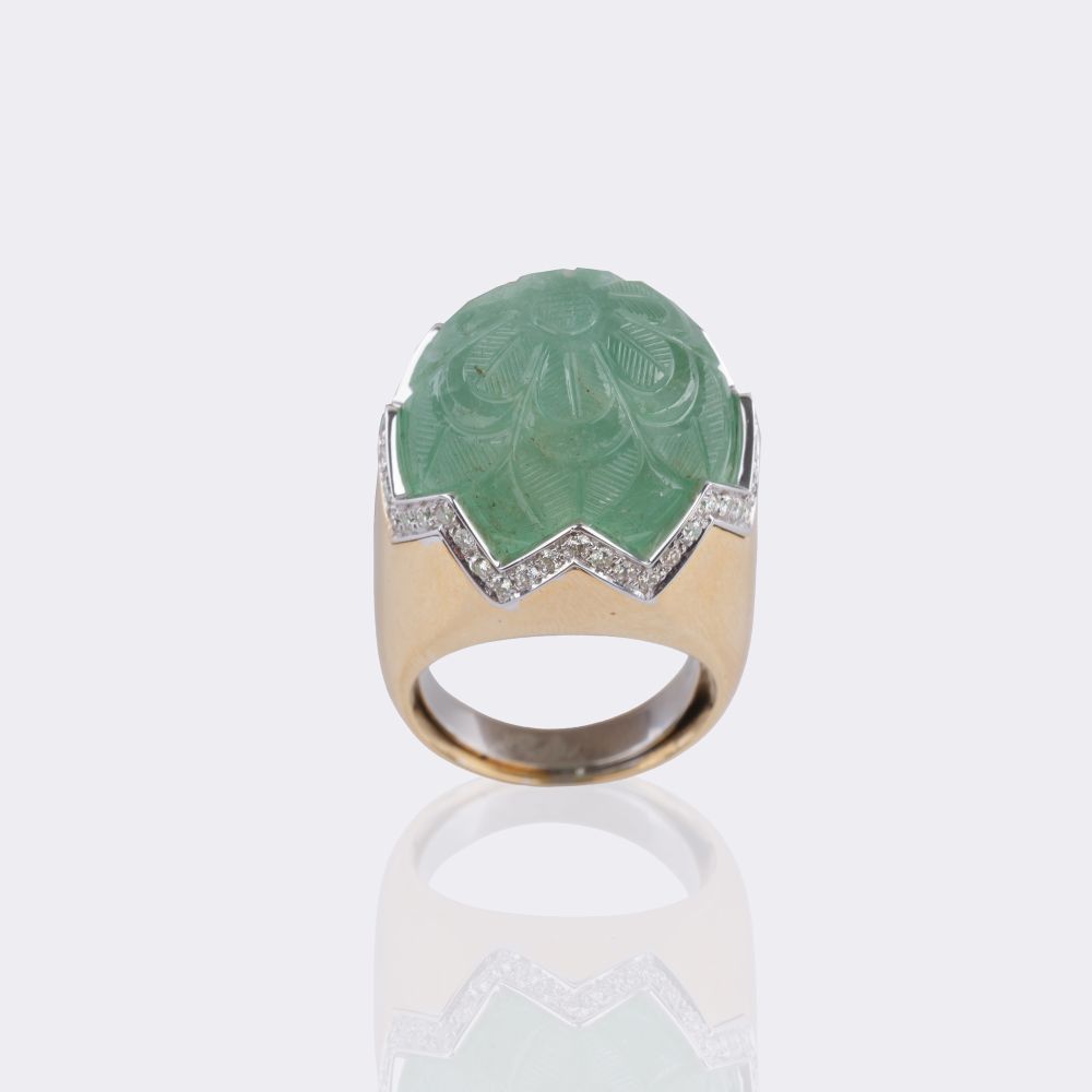 Emerald Cocktail Ring with Flower Decoration and Diamonds - image 2