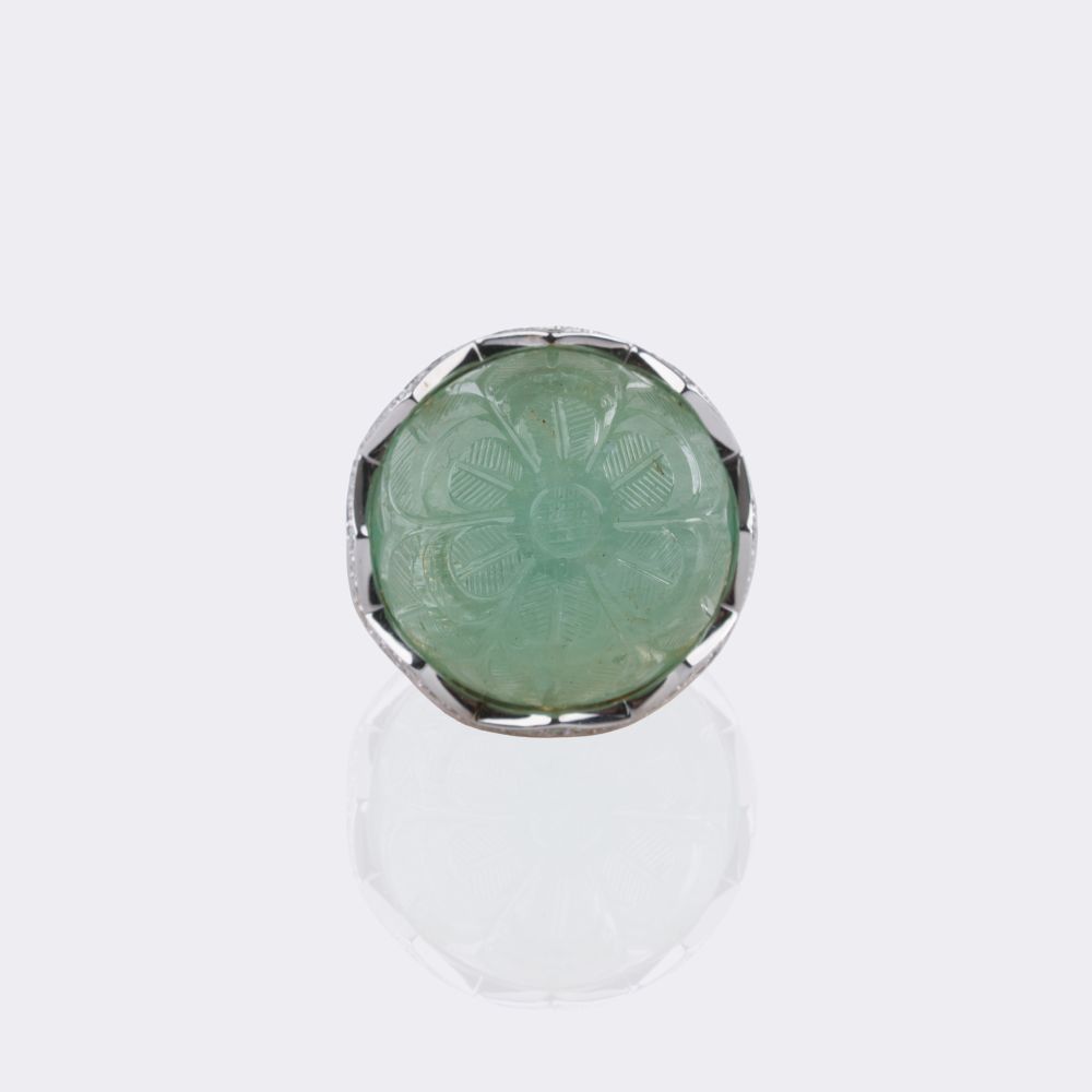 Emerald Cocktail Ring with Flower Decoration and Diamonds - image 3