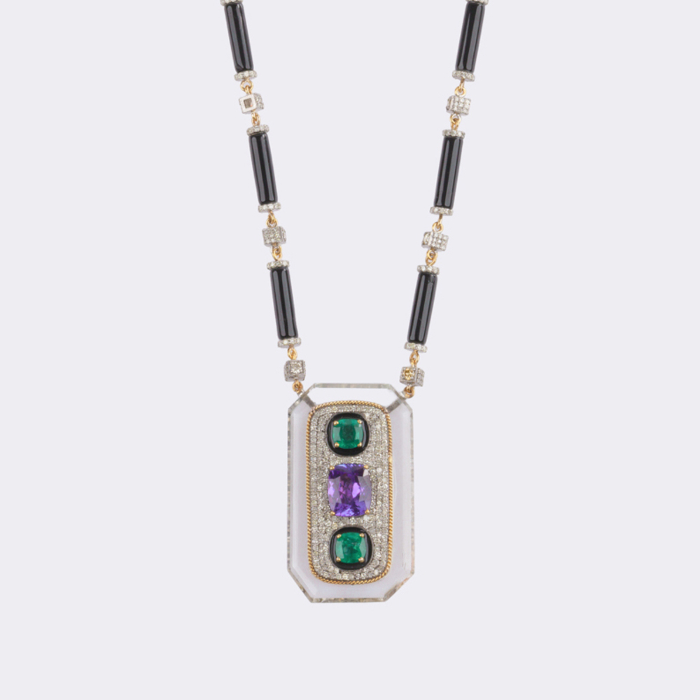 Extraordinary Tanzanite Emerald Necklace with Diamonds and Onyx