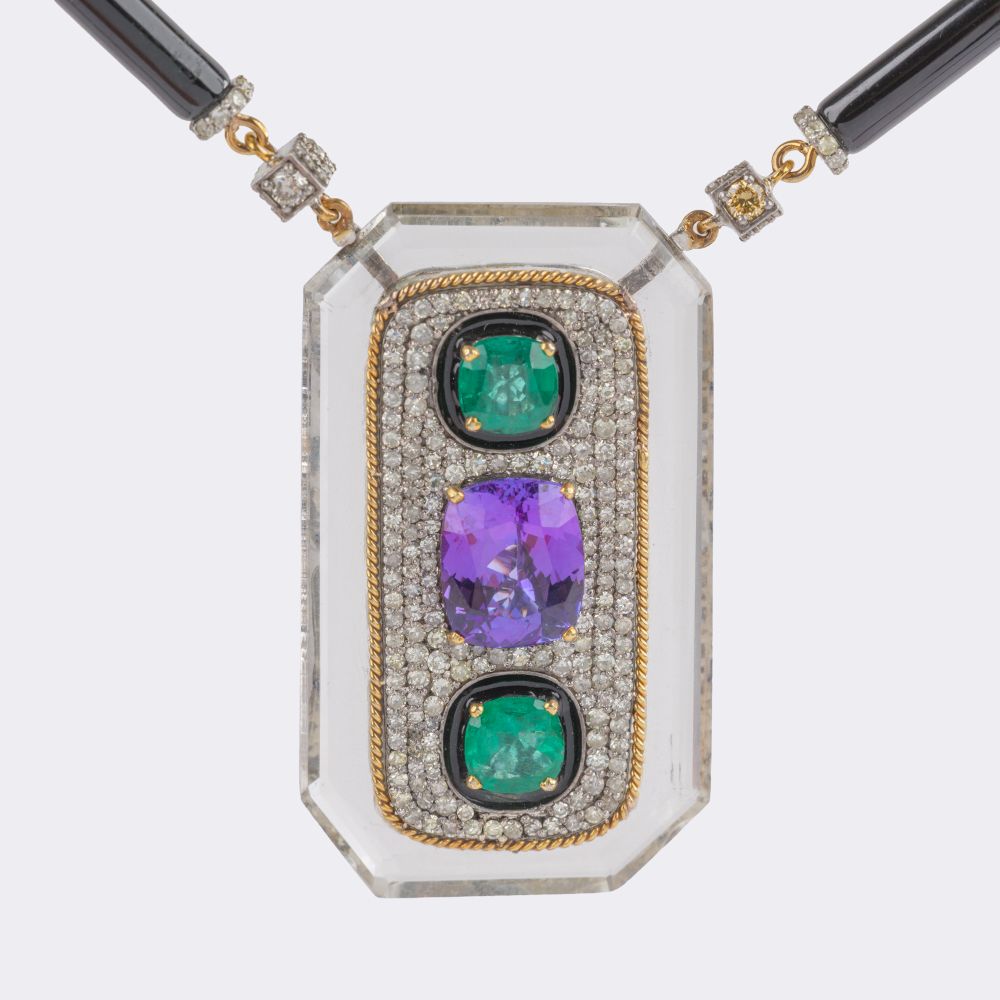 Extraordinary Tanzanite Emerald Necklace with Diamonds and Onyx - image 2