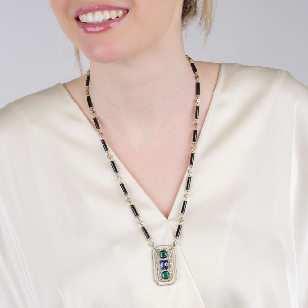 Extraordinary Tanzanite Emerald Necklace with Diamonds and Onyx - image 3