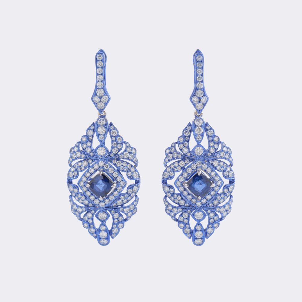 Paar Saphir Brillant Ohrhänger 'Bleu et Blanc'