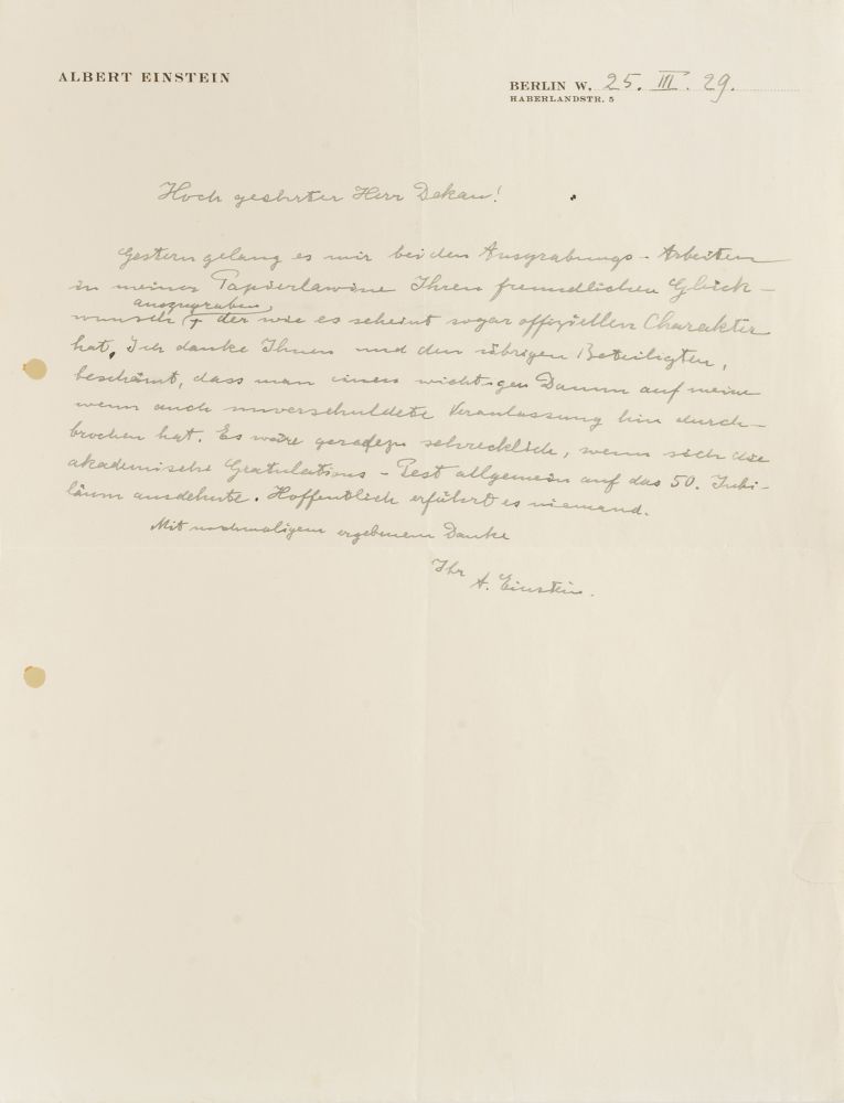 Letter of thanky on occasion of Einsteins 50th birthday