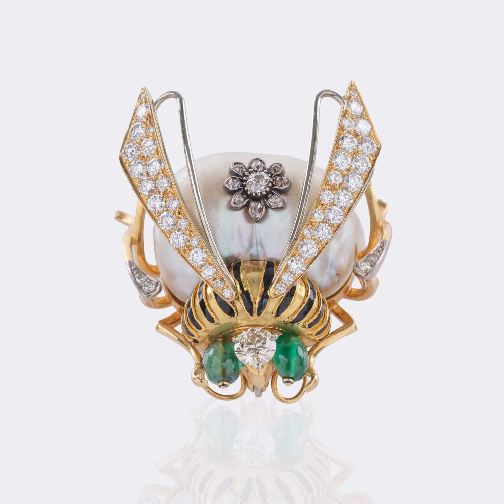 Pearl Diamond Brooch 'Bumblebee' with Emeralds - image 2