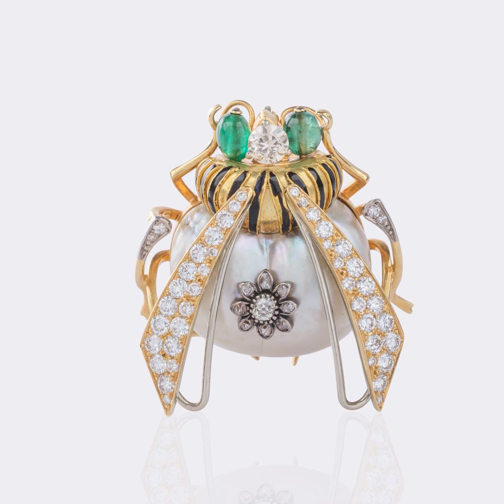 Pearl Diamond Brooch 'Bumblebee' with Emeralds - image 3