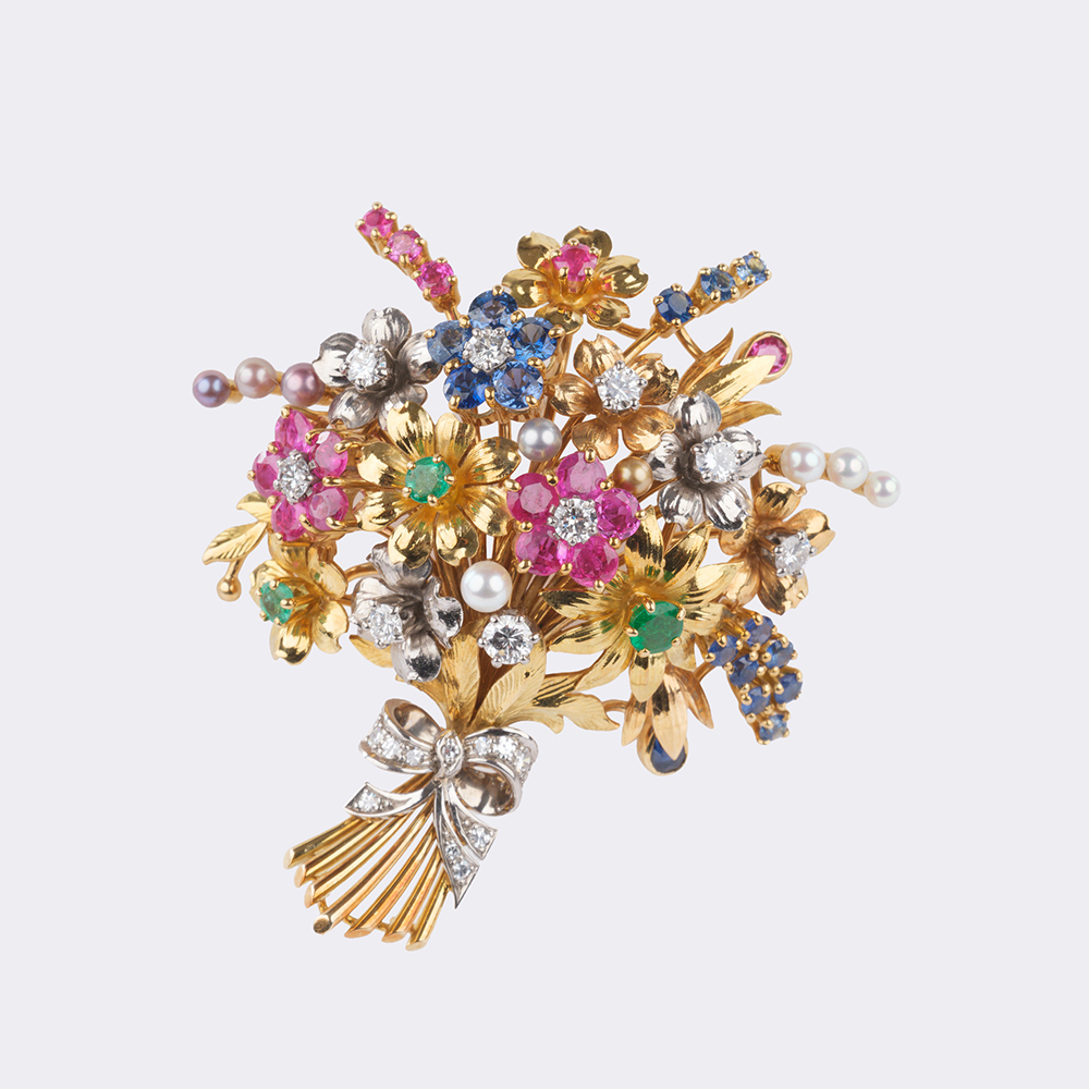 Farbedelstein Diamant Vintage Brosche 'Sommerstrauss'