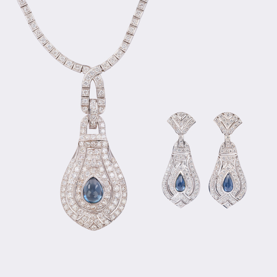 Elegantes Brillant Saphir Schmuck-Set: Rivière Collier und Paar Ohrhänger