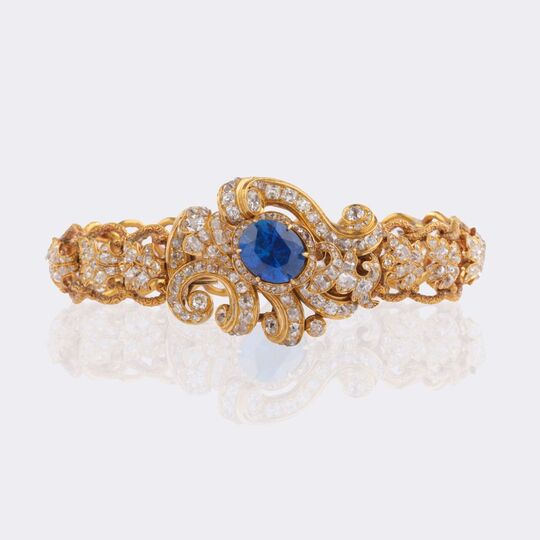 Antikes St. Petersburger Diamant Armband mit natürlichem Ceylon Saphir 'Kornblumenblau'