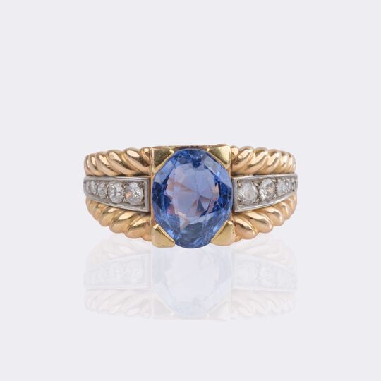 Natürlicher Vintage Ceylon Saphir Ring mit Brillant-Besatz