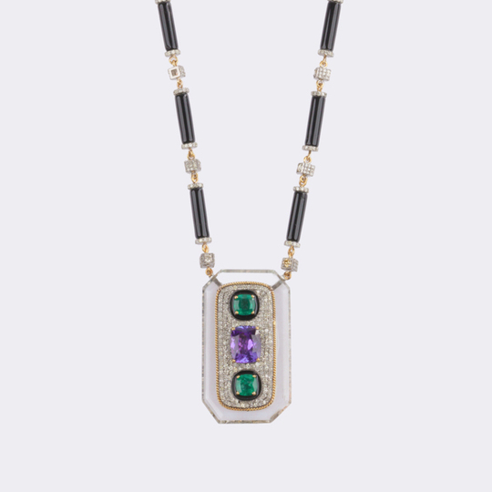 Extraordinary Tanzanite Emerald Necklace with Diamonds and Onyx