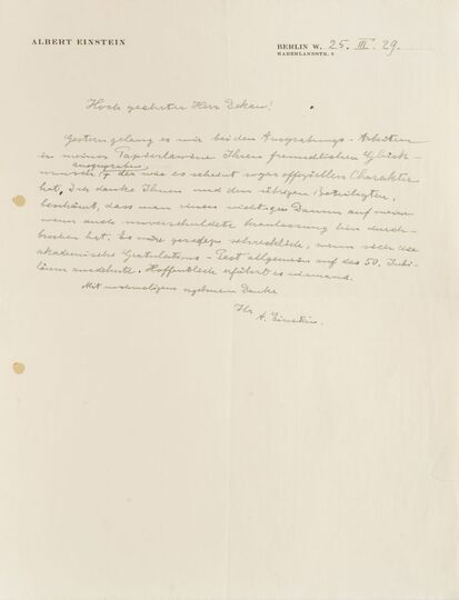 Letter of thanky on occasion of Einsteins 50th birthday
