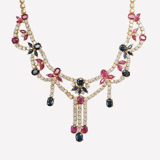 Außergewöhnliche Rubin Saphir Brillant Parure: Collier, Armband und Paar Ohrringe