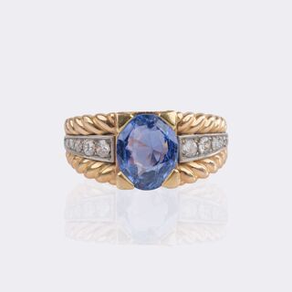 Natürlicher Vintage Ceylon Saphir Ring mit Brillant-Besatz