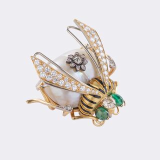 Perl Brillant Brosche 'Hummel' mit Smaragd-Besatz